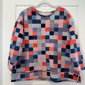 Land’s End XL Blue/Orange Quilt Pattern Cottagecore Sweatshirt